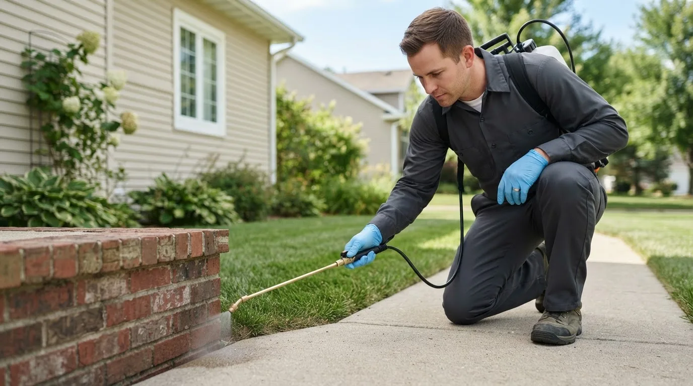 Pest control technician treating a home near Stevensville, PA