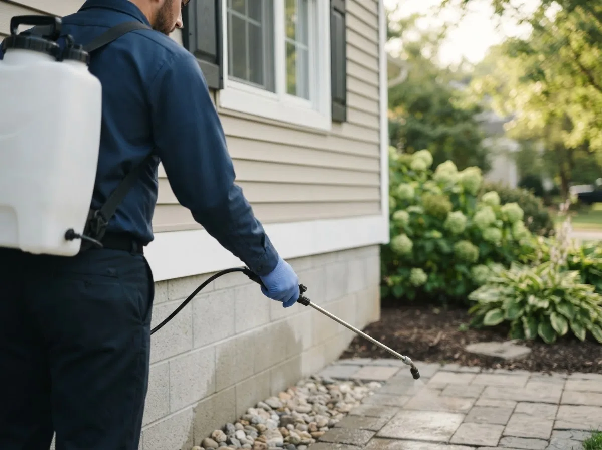 Pest control technician inspecting a home in Stevensville, PA